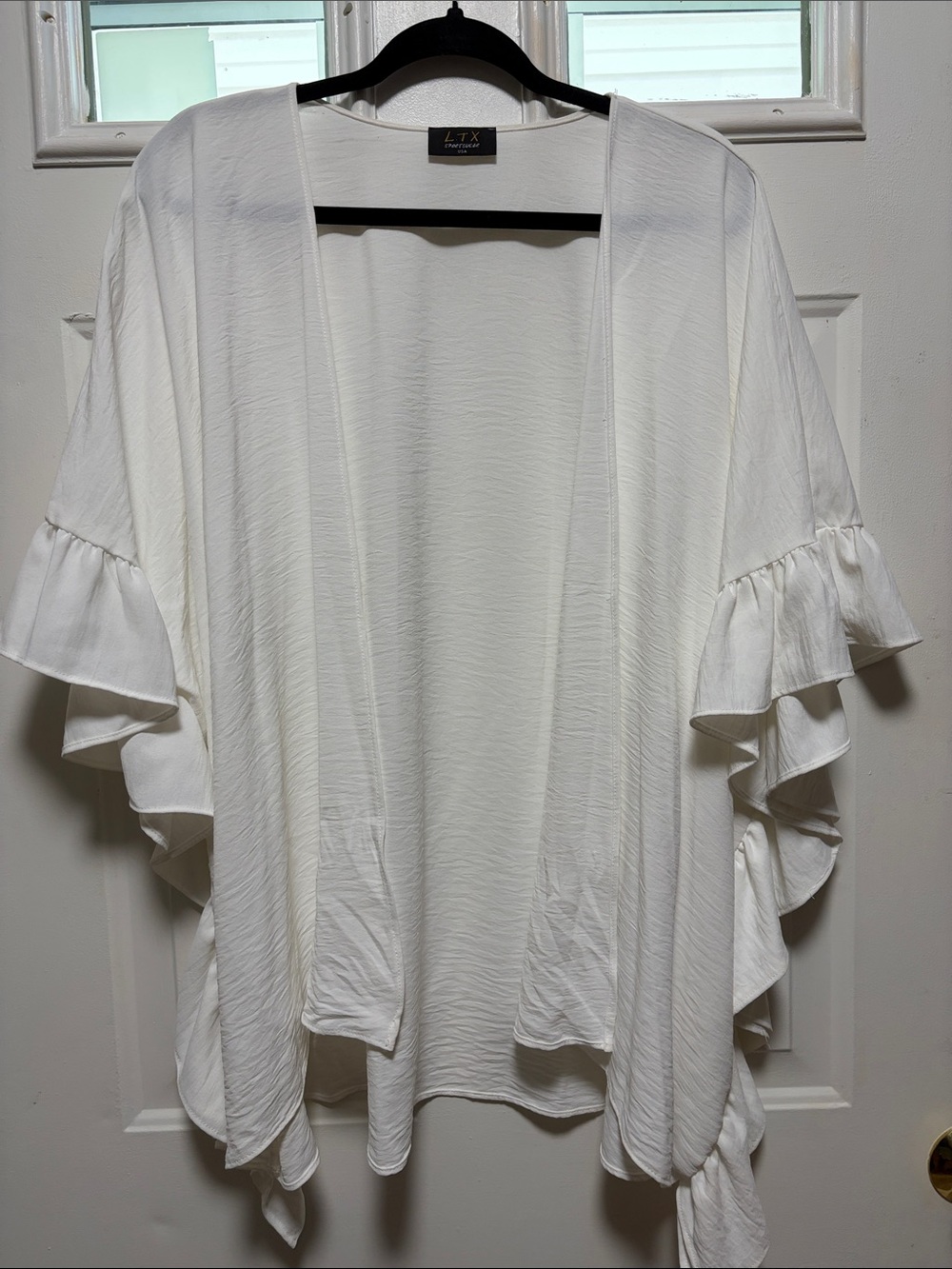 White Ruffle Sleeve Open Front Kimono Cover-Up